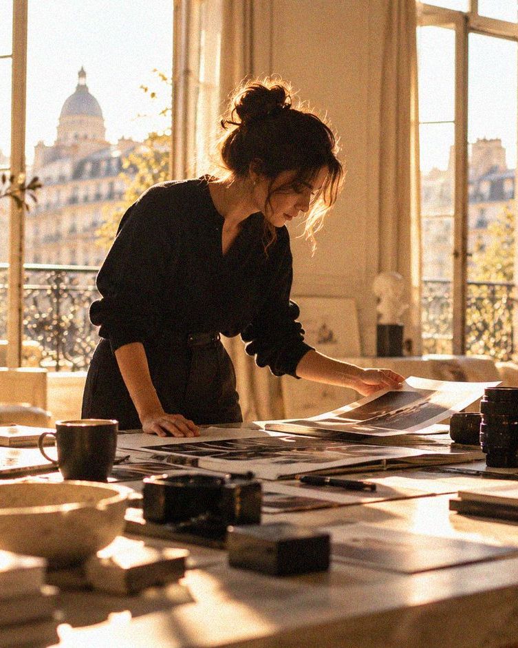 Préparation d'une production : sélection de tirages photo sur une table, objectifs et caméra à portée de main