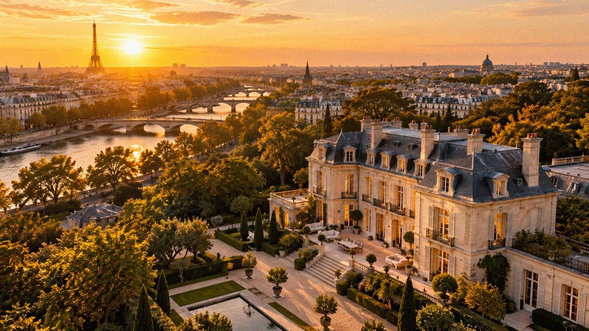 Vue aérienne par drone d'une demeure de prestige et de son jardin au coucher du soleil