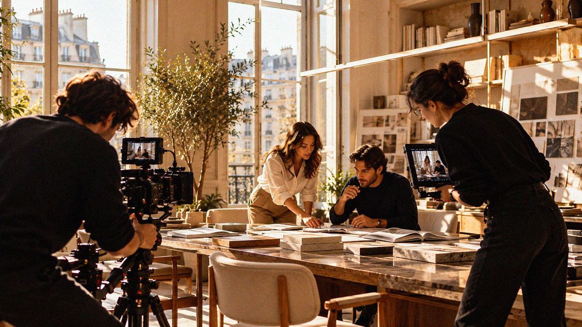 Tournage d'un film d'entreprise : deux caméras filment une séance de travail autour d'une grande table