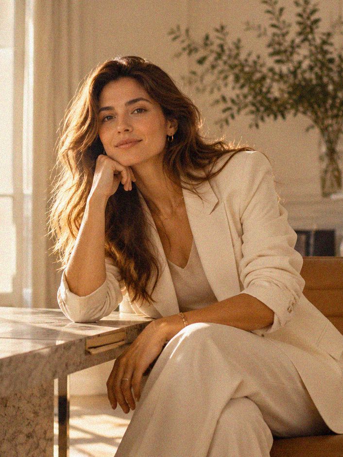 Portrait professionnel d'une femme en tailleur blanc, accoudée à son bureau