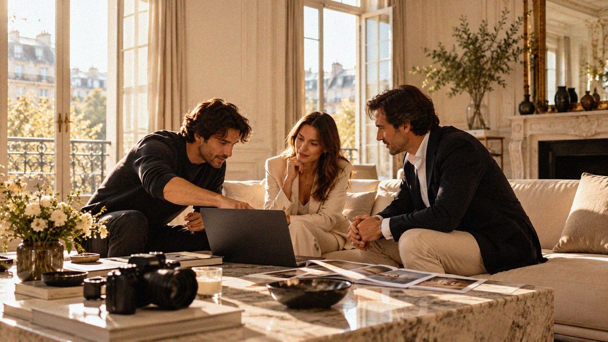 Présentation des visuels à des clients sur un ordinateur portable, dans un salon lumineux
