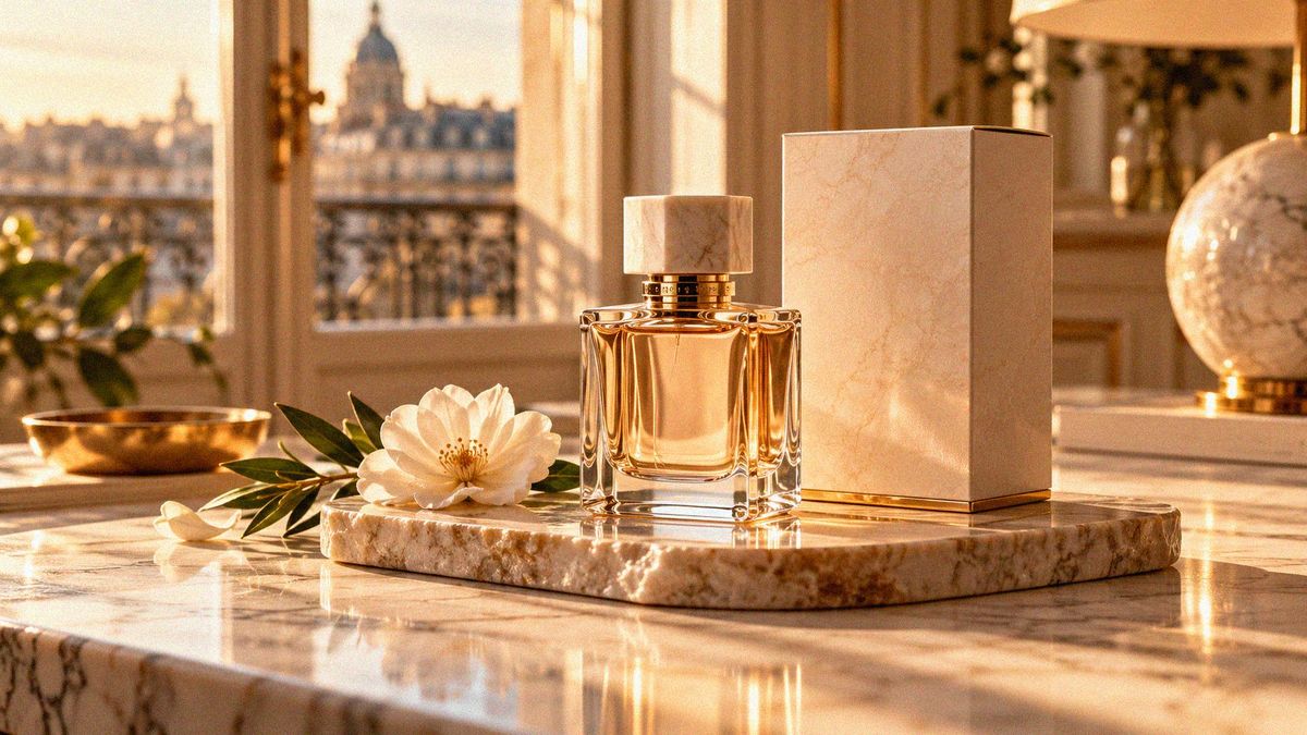 Flacon de parfum et son étui posés sur un plateau en marbre, dans la lumière dorée d'une fenêtre