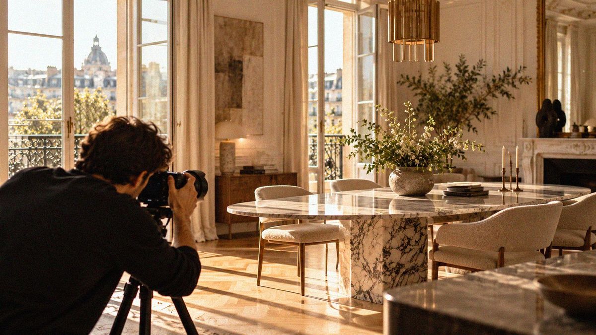 Photographe réalisant le reportage d'une salle à manger lumineuse avec table en marbre