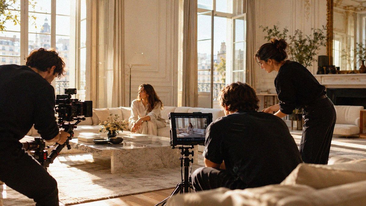 Équipe de tournage filmant une scène dans un appartement haussmannien baigné de lumière